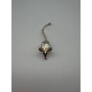 Silver Tone Mouse Brooch with Green Rhinestone Eyes Textured Animal Pin 2.25"